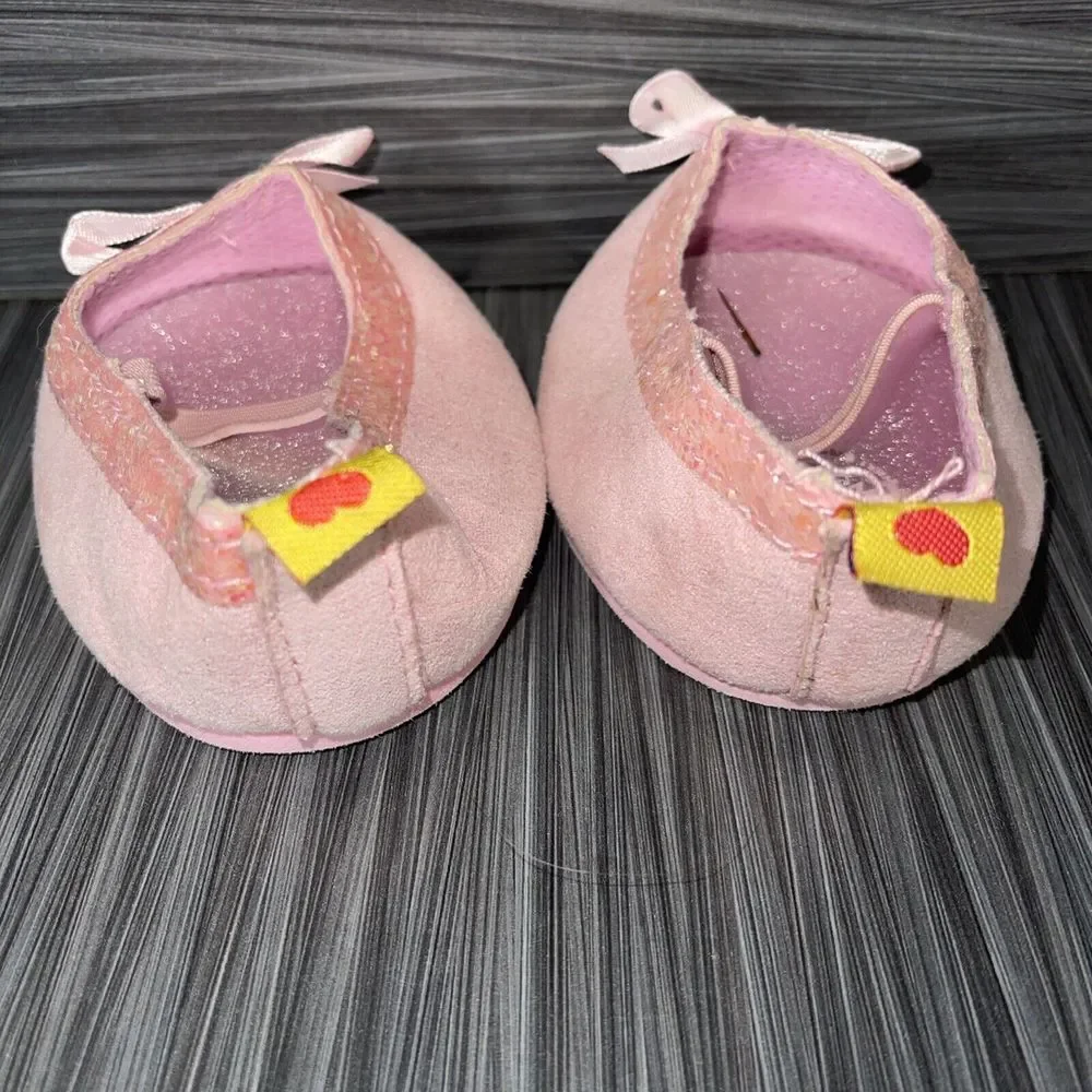 Build a Bear Ballet Soft Slippers Shoes, Pink w/Bows &‎ Glitter, Clean